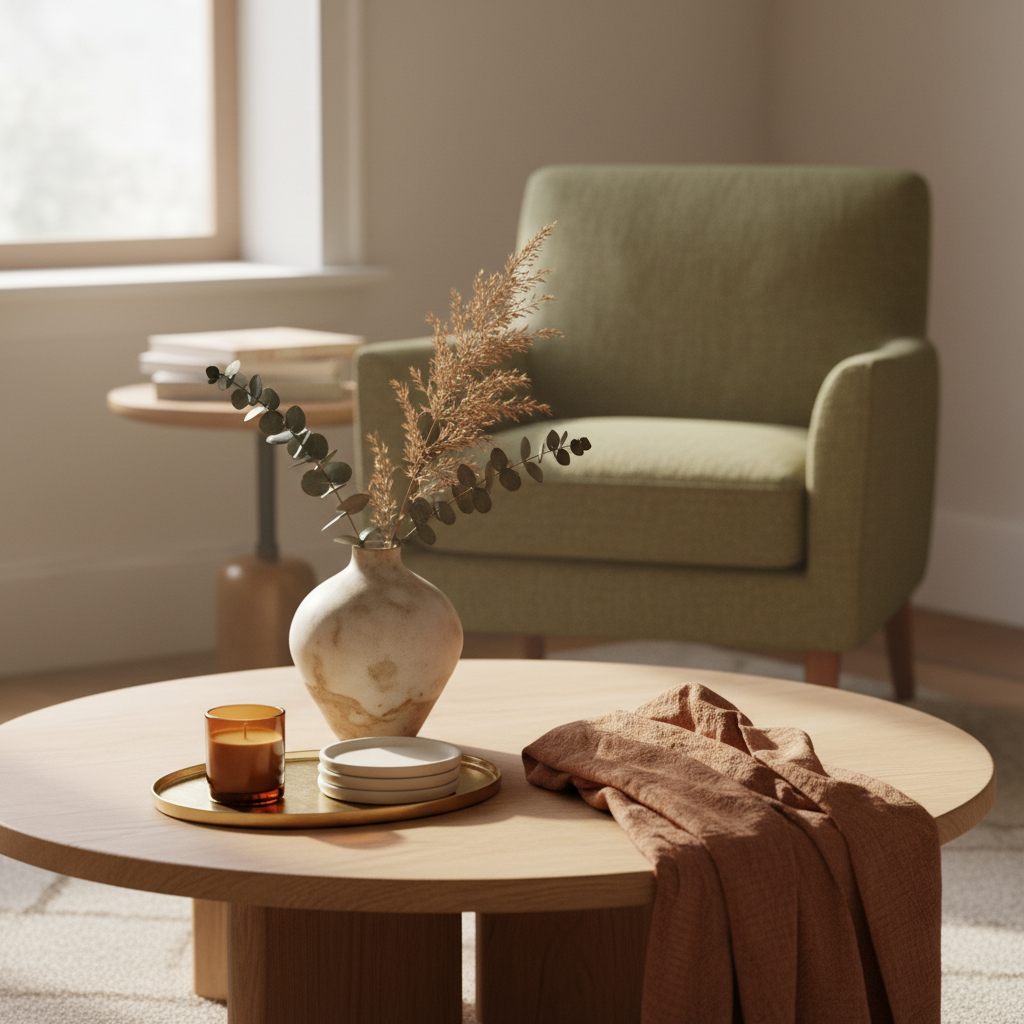 Gemütliches Wohnzimmer mit Deko-Elementen auf einem Holztisch im warmen Sonnenlicht