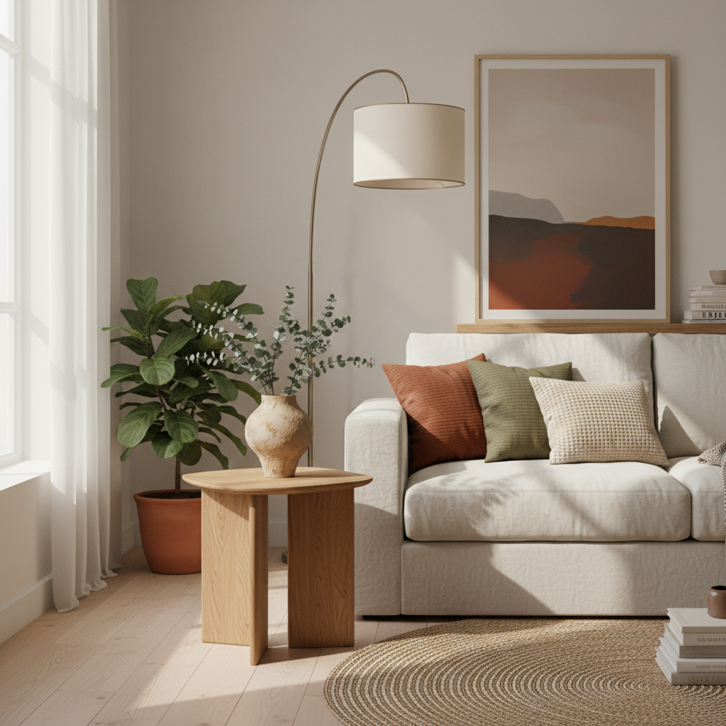 A ceramic vase with eucalyptus on a wooden table in a cozy, sunlit room