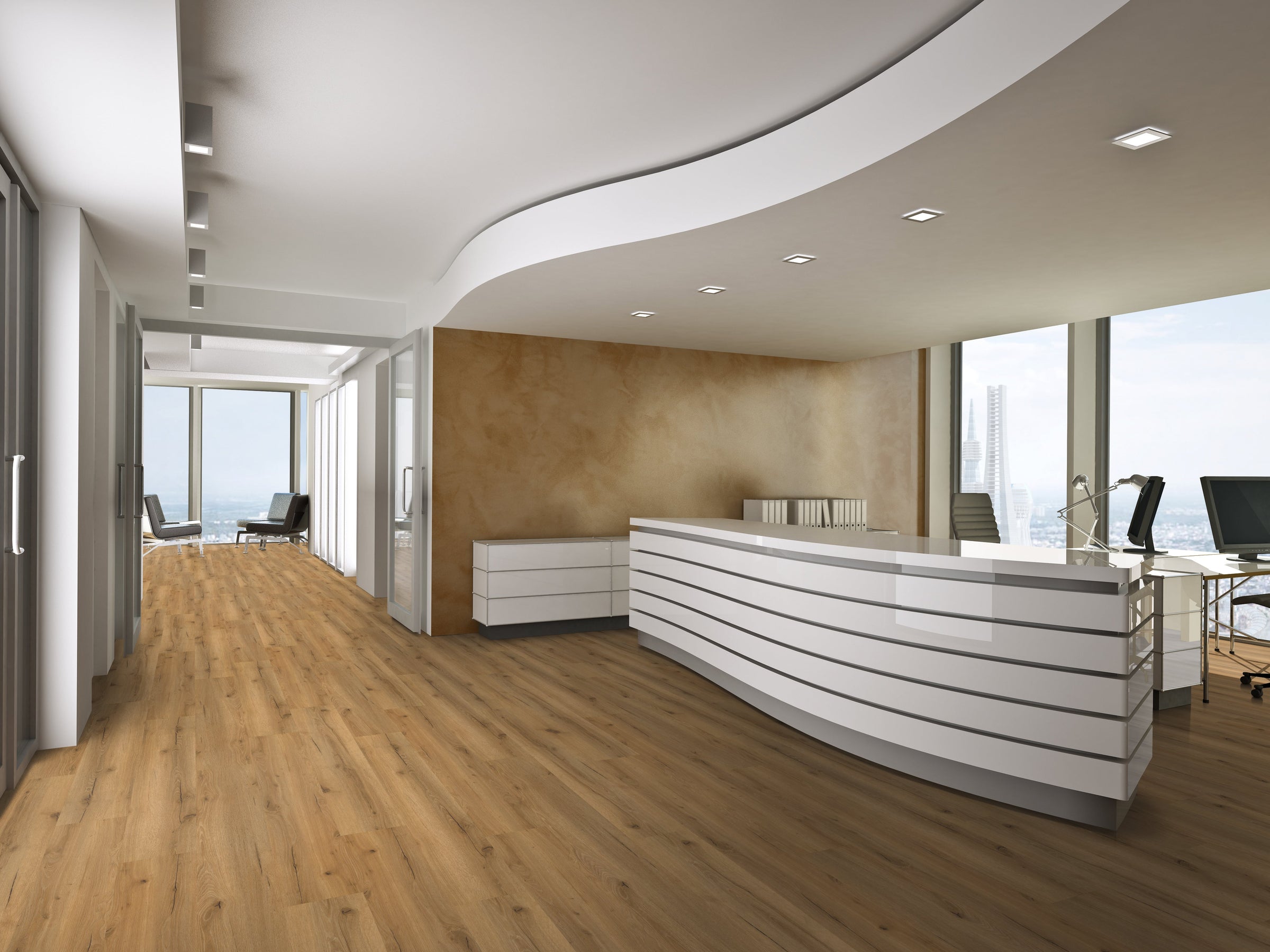 Empfangsbereich mit modernem Design und großflächigen Fenstern, ausgestattet mit einem hochwertigen Klebe-Designboden in Eiche-Optik