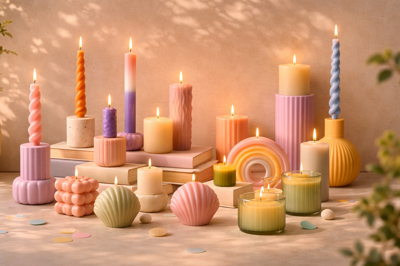 Bunte Kerzen Kollektion im Scandi Stil mit Pastellfarben und dekorativen Stabkerzen für stilvolle Wohnaccessoires