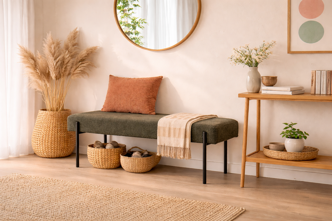 Moderne Sitzbank im Flur im skandinavischen Stil mit natürlichen Materialien und minimalistischer Einrichtung