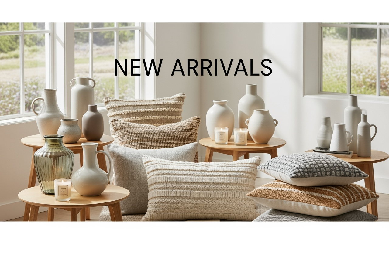 Helles Wohnzimmer mit modernen Wohnaccessoires wie Vasen, Kissen und Kerzen – skandinavisches Design, natürliche Farben, Neuheiten bei Boden Boutique