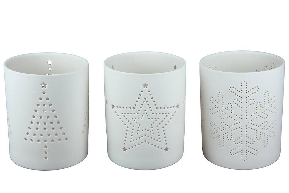 Windlicht-Set aus weißem Porzellan mit Stern-, Tannenbaum- und Schneeflockenmotiv – 3er-Set, Boden Boutique