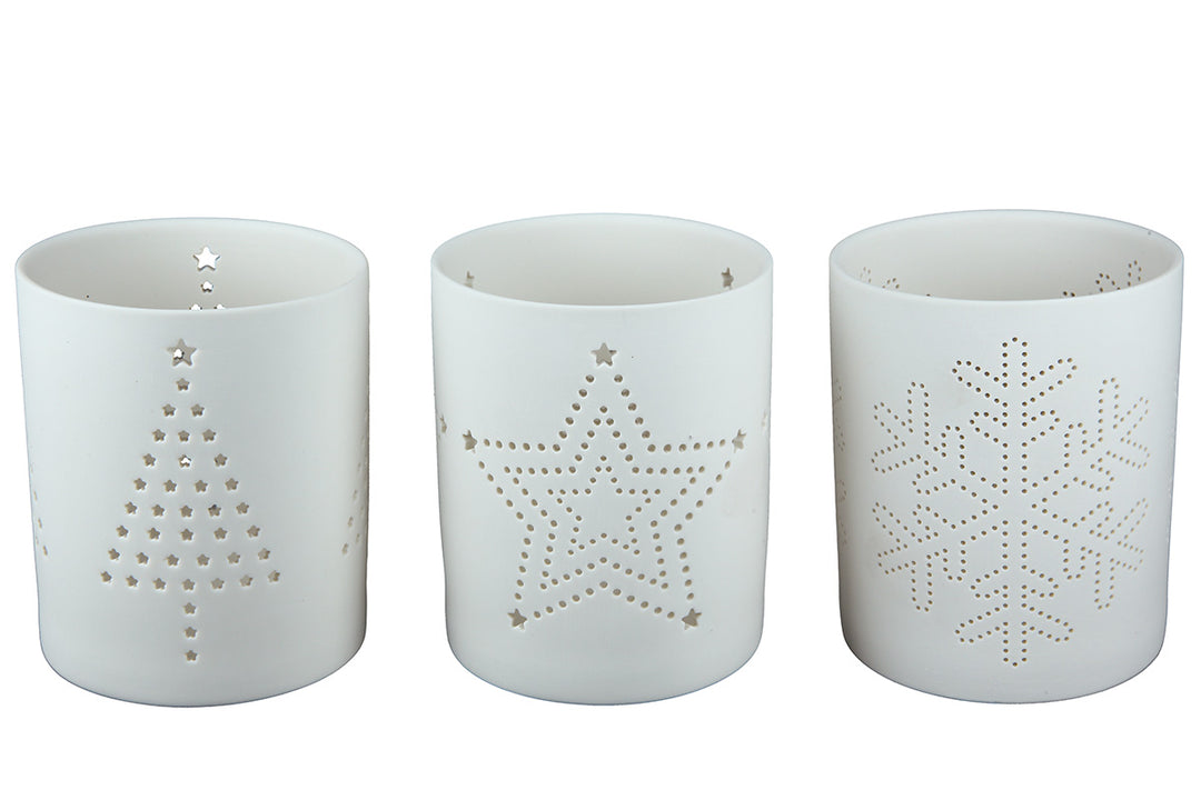 Windlicht-Set aus weißem Porzellan mit Stern-, Tannenbaum- und Schneeflockenmotiv – 3er-Set, Boden Boutique