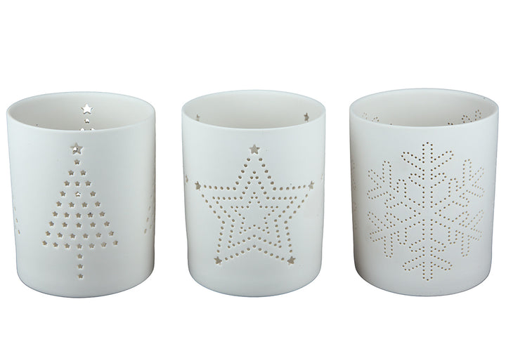 Windlicht-Set aus weißem Porzellan mit Stern-, Tannenbaum- und Schneeflockenmotiv – 3er-Set, Boden Boutique