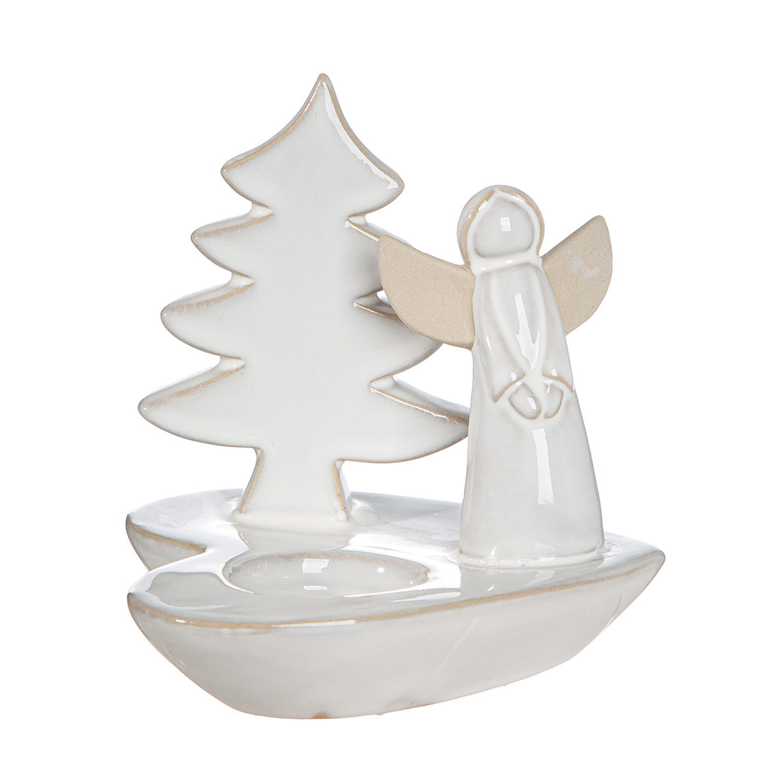 Teelichtleuchter-Set Luce aus cremefarbenem Porzellan, 2 Motive, Herz und Stern, winterliches Design