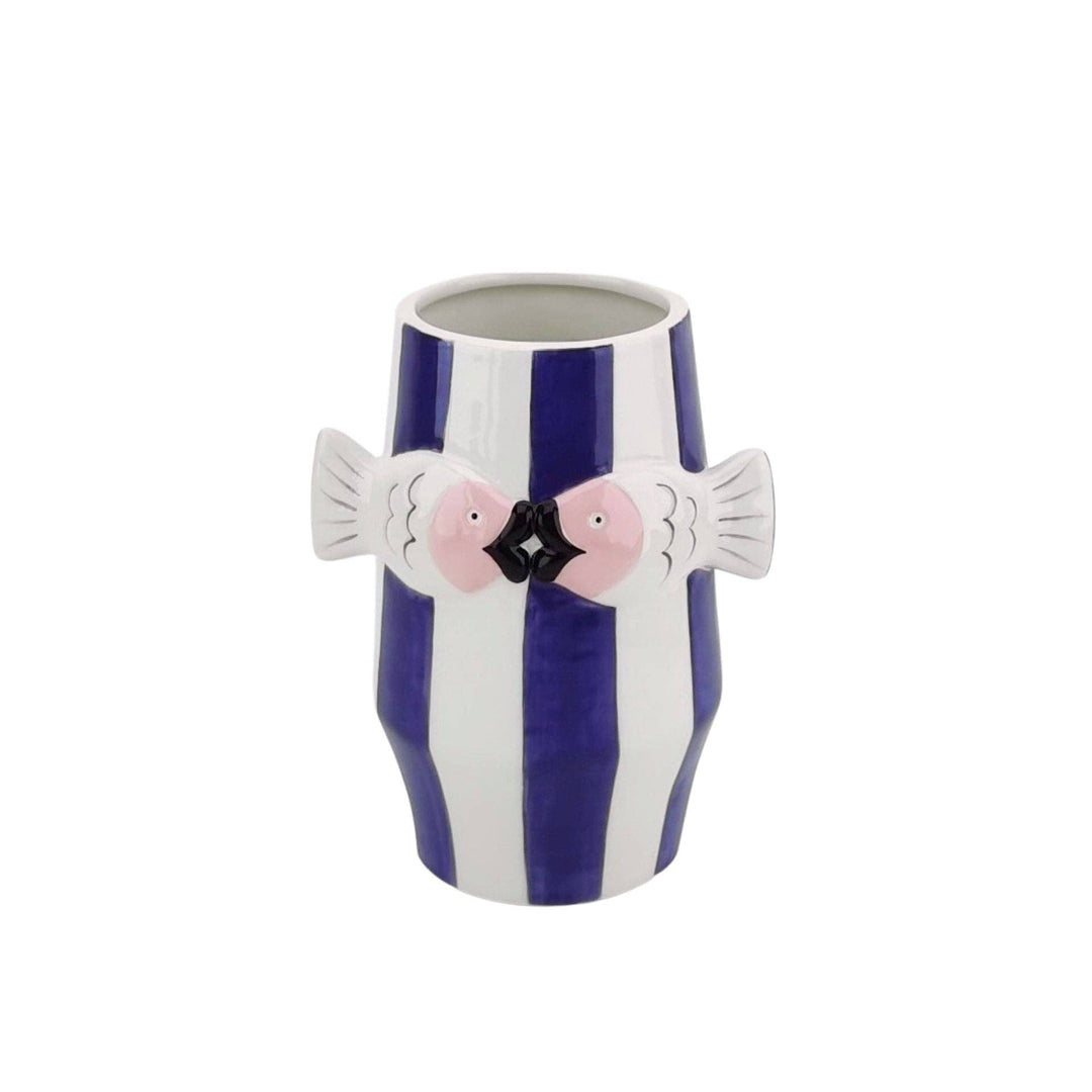 Blumenvase Fisch aus Dolomit in Blau, Weiß und Rosa