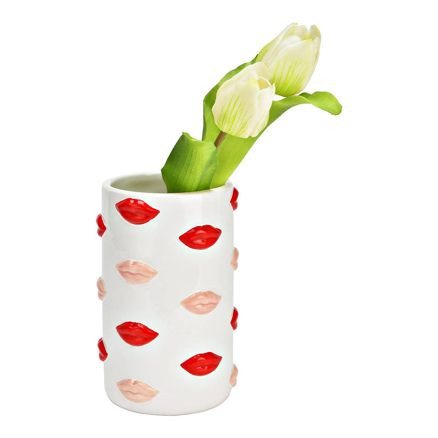 Vase mit Lippen aus Keramik – Weiß mit roten Lippen