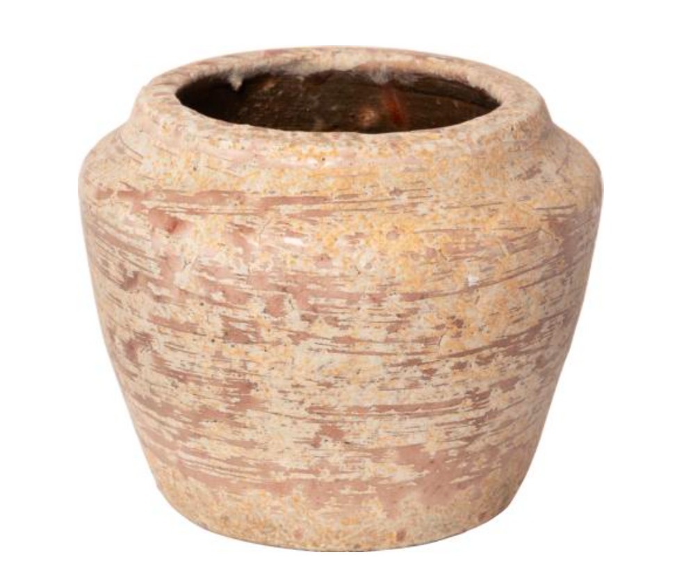 Rustikaler Blumentopf 9,5 x Ø 13 cm mit Olivenzweigen auf mediterraner Terrasse in natürlicher Steinoptik.