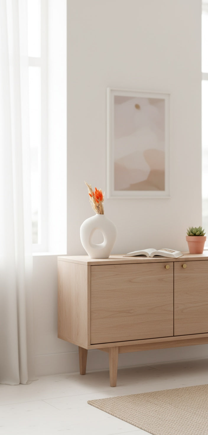 Moderne Keramikvase in organischer Form, dekorativ als Blumenvase arrangiert.