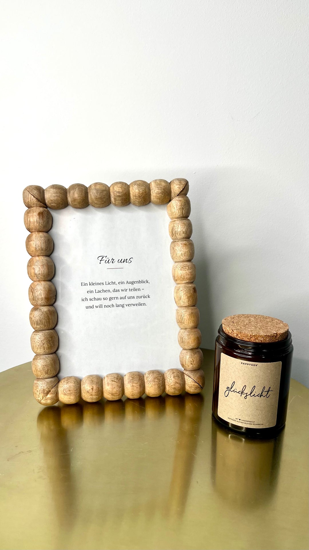 Geschenkset Kleine Erinnerung – Bilderrahmen Mangoholz 10×15 mit Gedicht und Duftkerze mit Botschaft