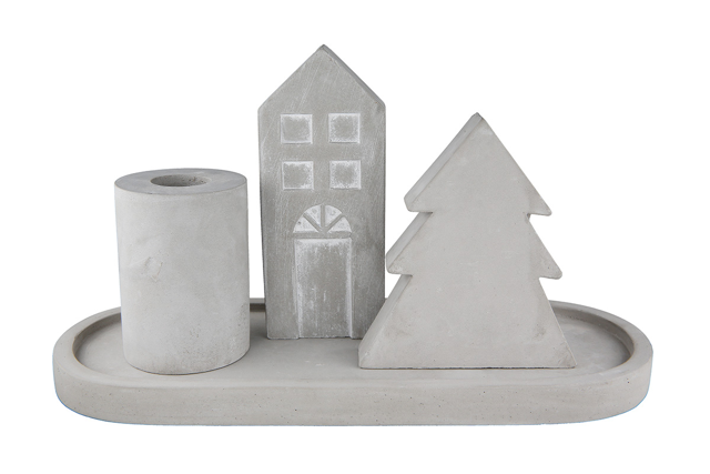 4-teiliges Deko-Ensemble Wintertime aus Zement, grau, oval, mit Haus, Baum und Kerzenhalter