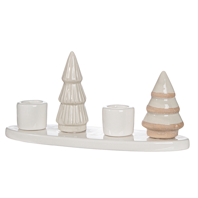 Kerzenleuchter Tanne aus cremefarbener, glasierter Keramik, mit Tannenbaum-Motiv, 21 cm breit