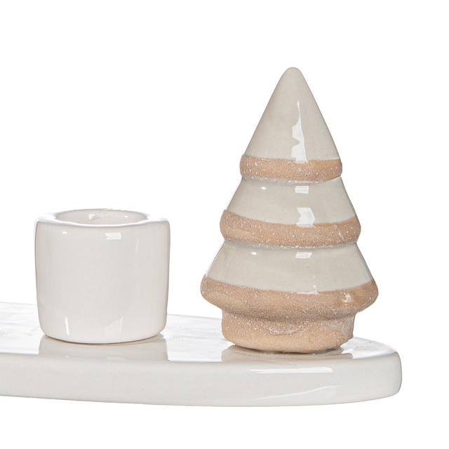 Detailaufnahme Kerzenleuchter Tanne, Keramik, creme, glasiert, winterlich