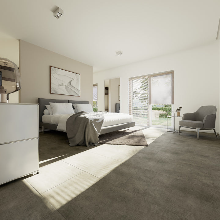 Dunkler Designboden Leonie mit Betonstruktur – ideal für stilvolle, urbane Wohn- und Geschäftsräume.