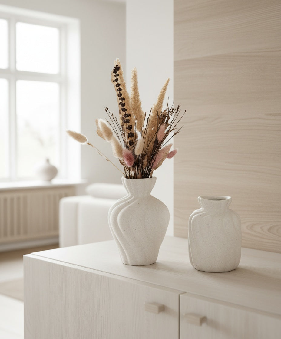 Das Vasen-Set Tilly in moderner, skandinavischer Wohnumgebung: Zwei weiße Keramikvasen auf einem hellen Sideboard, mit natürlichem Licht und dezentem Dekor.