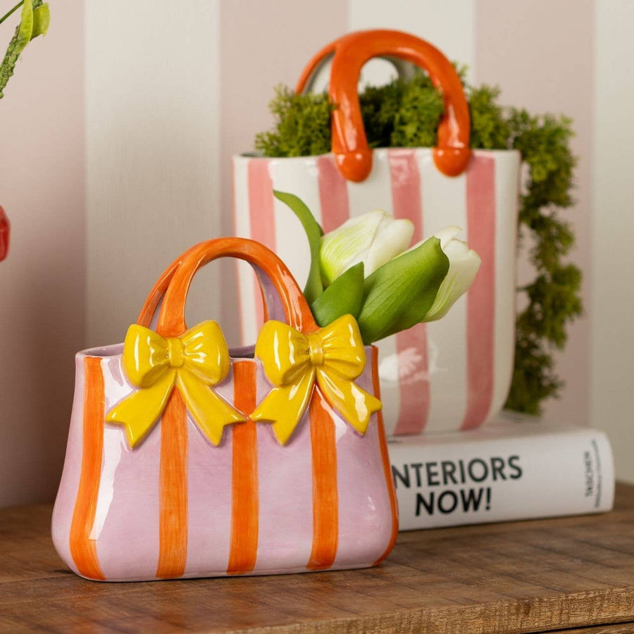 Vase Handtasche aus Keramik pink/rosa – Designvase mit Blumen